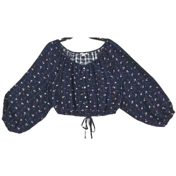 American Eagle ~Woman Size S~ Blue Floral Long Sleeve Button Front Cropped Top. - Picture 8 of 13